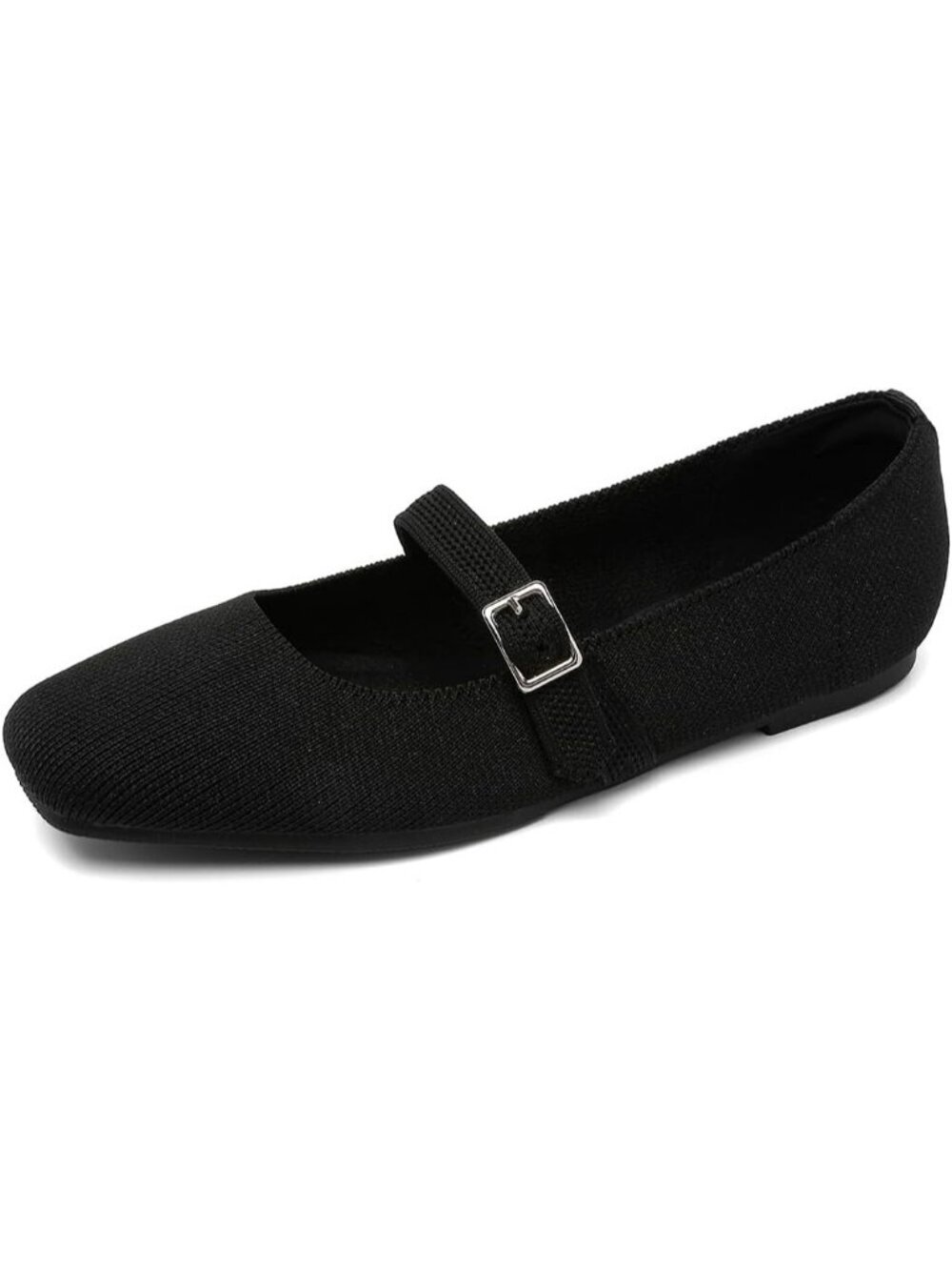 Women's Black Rubber Knit Square Toe Flats Ankle Strap Buckle Comfortable Shoes